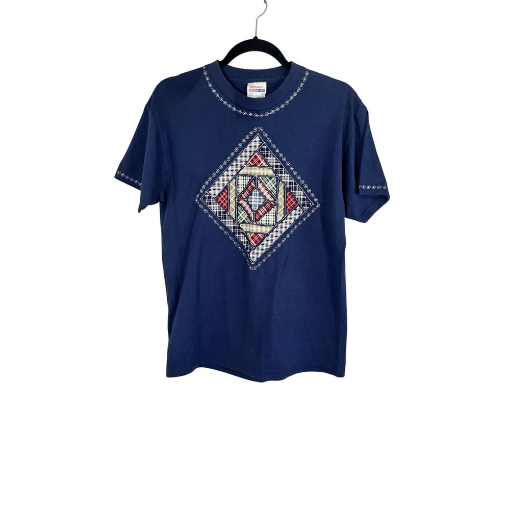 Vintage Patchwork Quilted Tshirt Blue M Retro 80s Plaid Checks‎ Granny Country